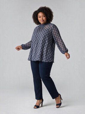 Lane Bryant Navy and White Geometric Smocked Neck Blouse Size 22/24